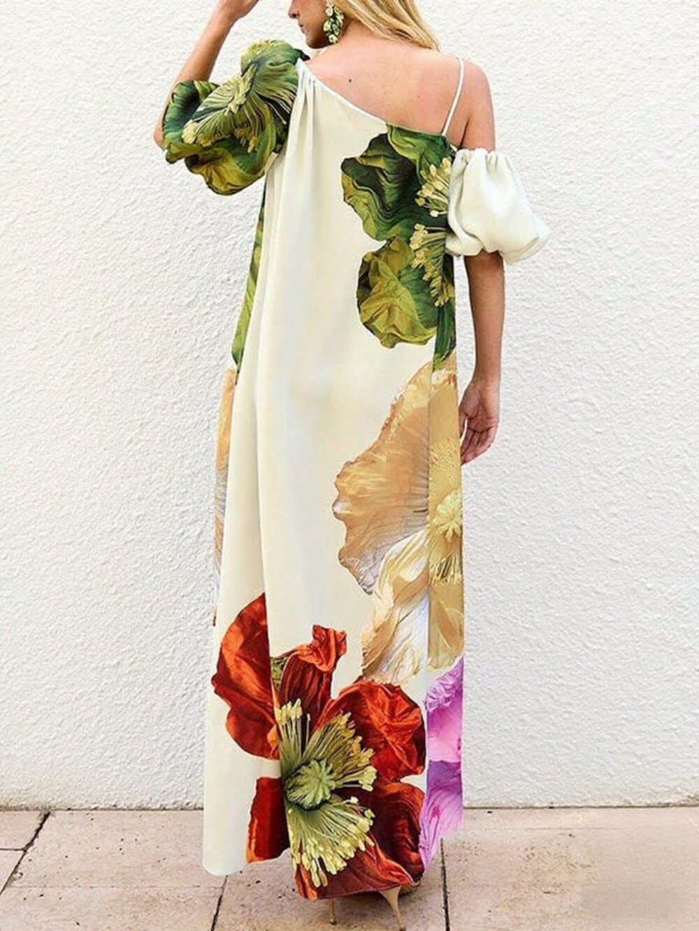 White Casual Women's Elegant Floral Print Off-Shoulder Puff Sleeve Dress - Picture 2 of 4